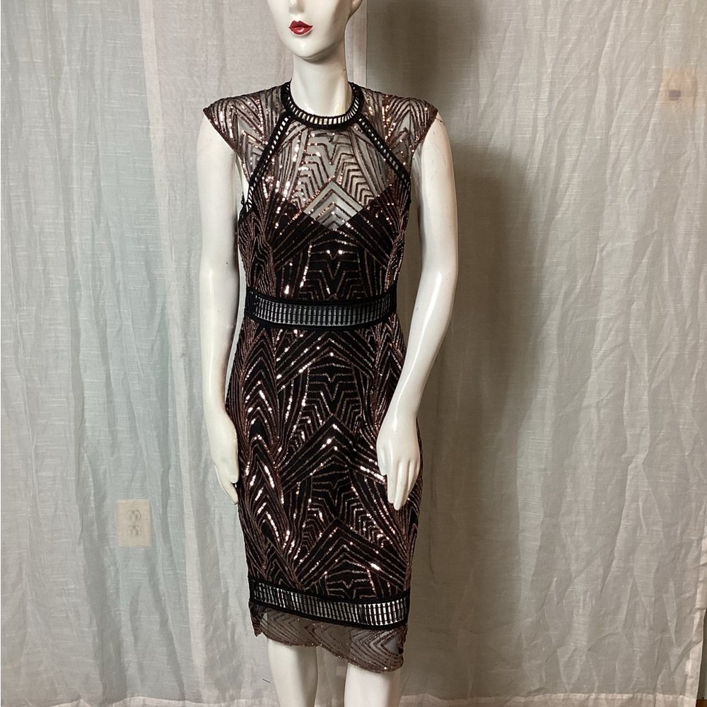 SAYLOR- Black/ Rose Gold- sequin Heloise Mesh & Lace Sheath Dress; Size: L